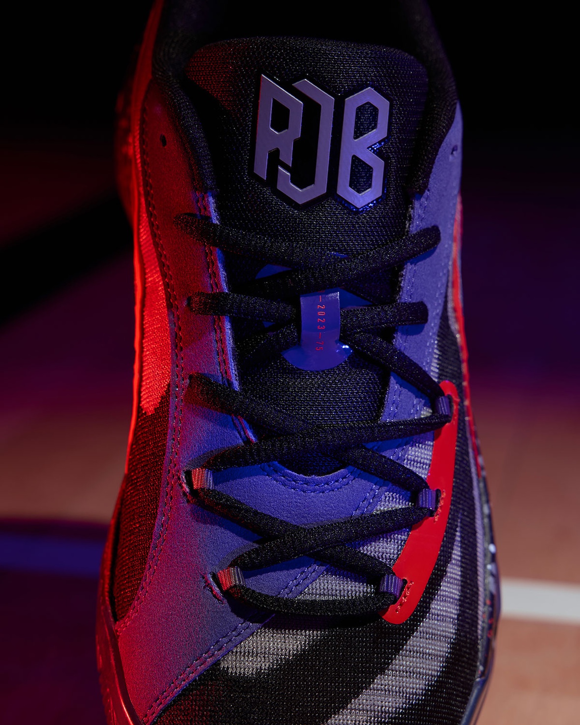 Close-up of RJ Barrett’s metallic silver "RJB" logo on the tongue