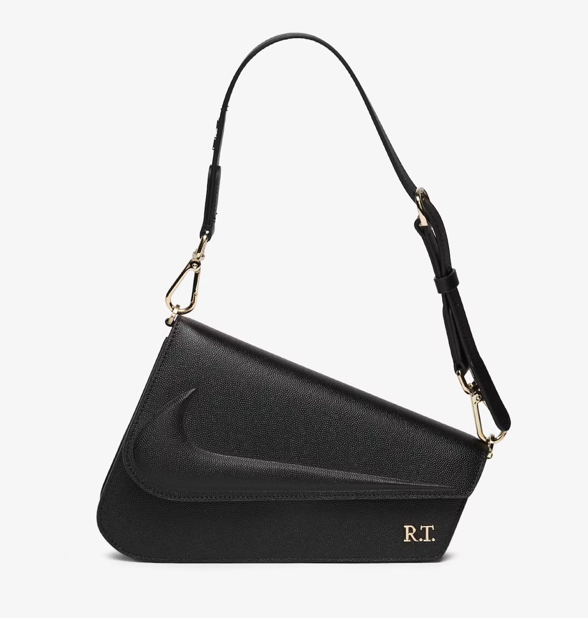 Riccardo Tisci x Nike Mercer Bag in black leather with slanted Swoosh clasp and gold RT monogram