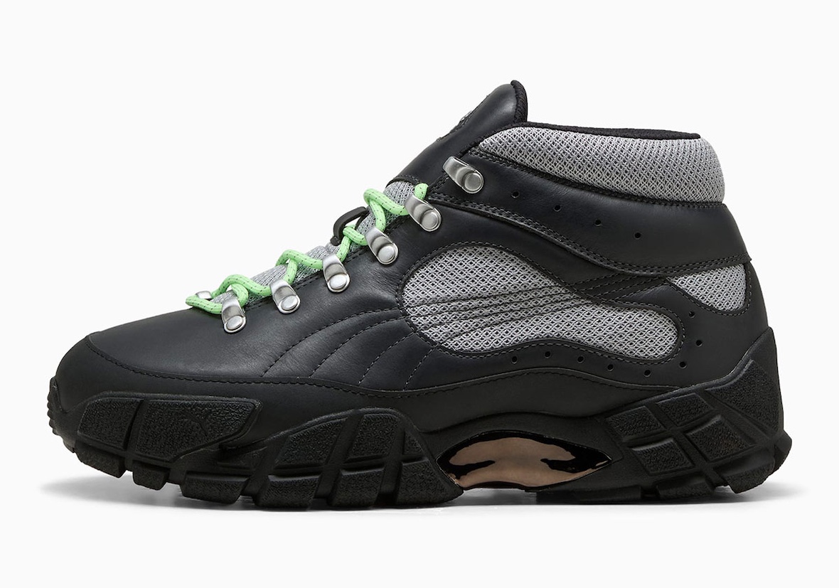 Side view of the Skepta x PUMA Skope Mid "Flat Dark Grey" with lime green laces.