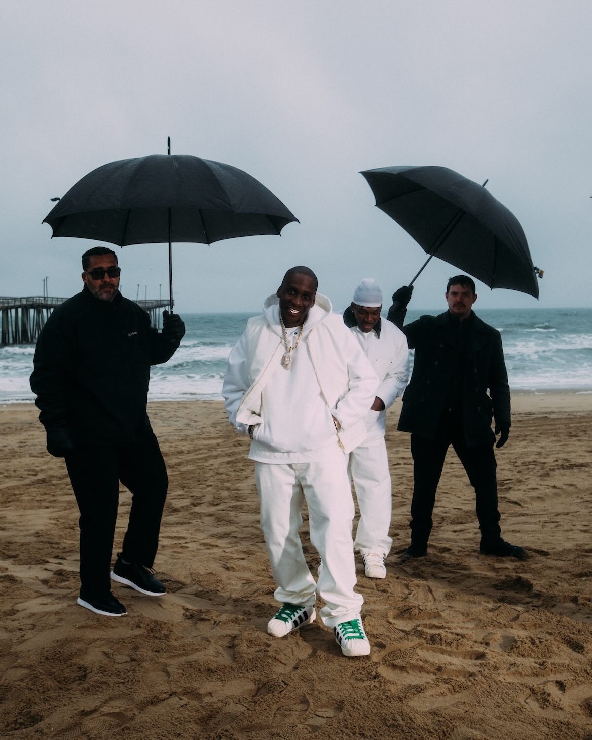 Pharrell and Clipse at the beach during the campaign shoot for adidas Superstar 92.