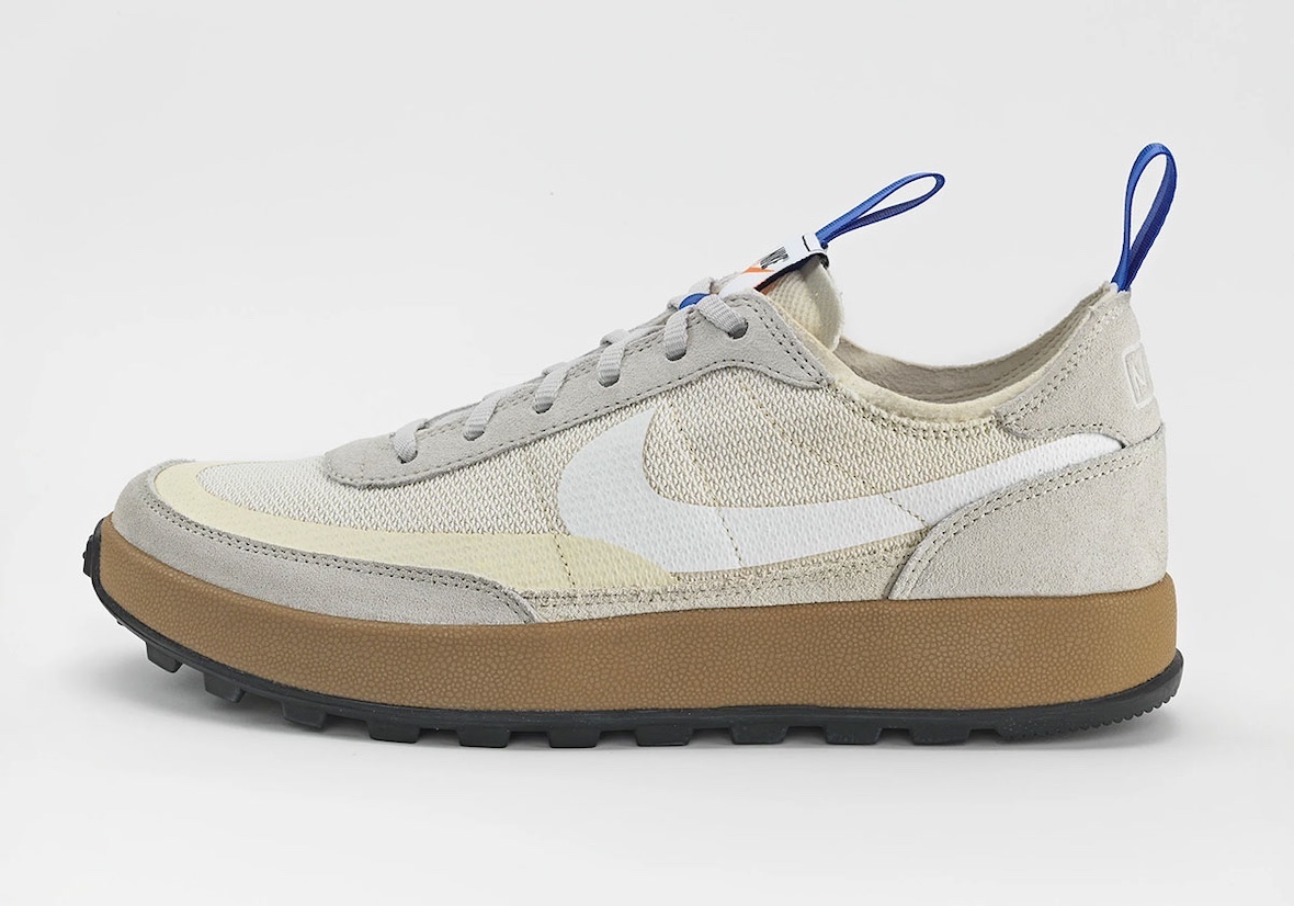 Side profile of Tom Sachs x Nike General Purpose Shoe featuring mesh and suede upper in Light Cream.