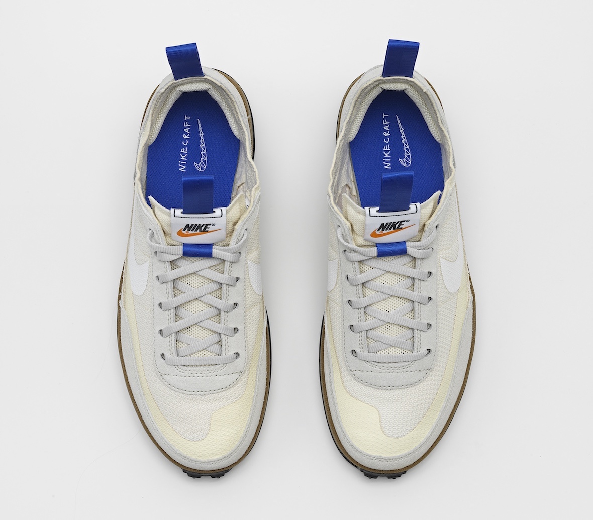Top-down view of Tom Sachs x Nike General Purpose Shoe 2025 highlighting minimalist design and white Swoosh.