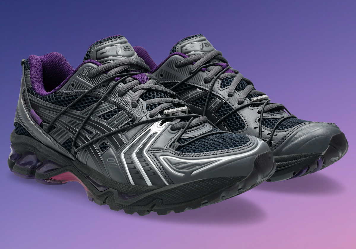 ZUTOMAYO x ASICS GEL-Kayano 14 Black Purple Edition with jelly-like ASICS logo and bungee laces.