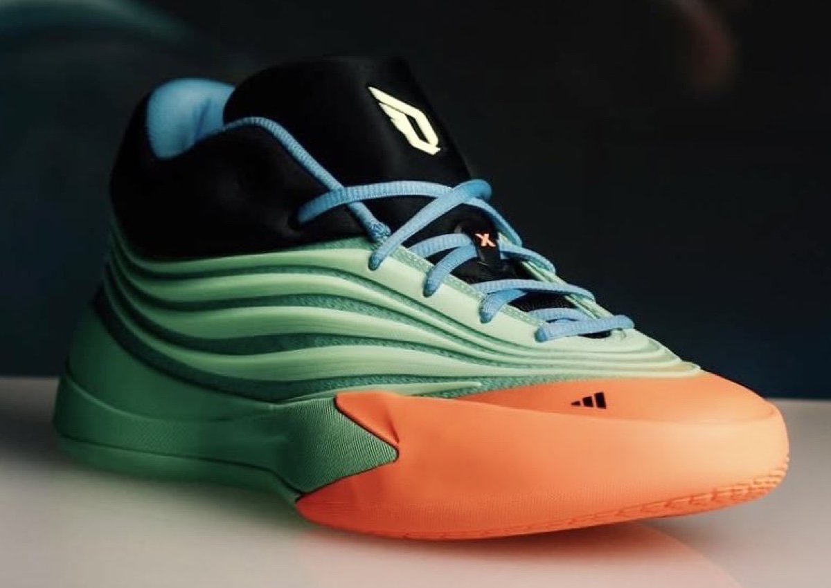 adidas Dame 10 Dame’s Light sneaker in green, blue, and orange with a 3D TPU upper and Lightstrike cushioning.