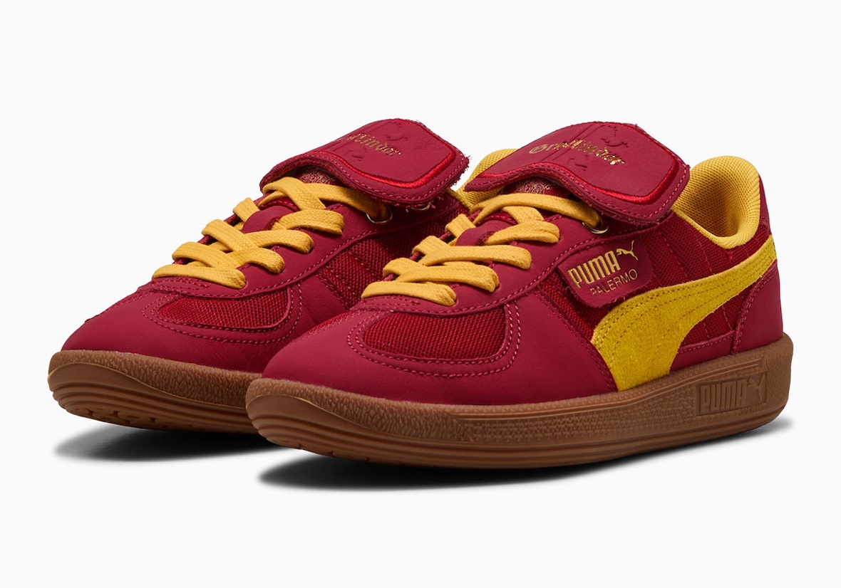 Gryffindor-themed PUMA Palermo sneaker with red nubuck and gold suede accents.