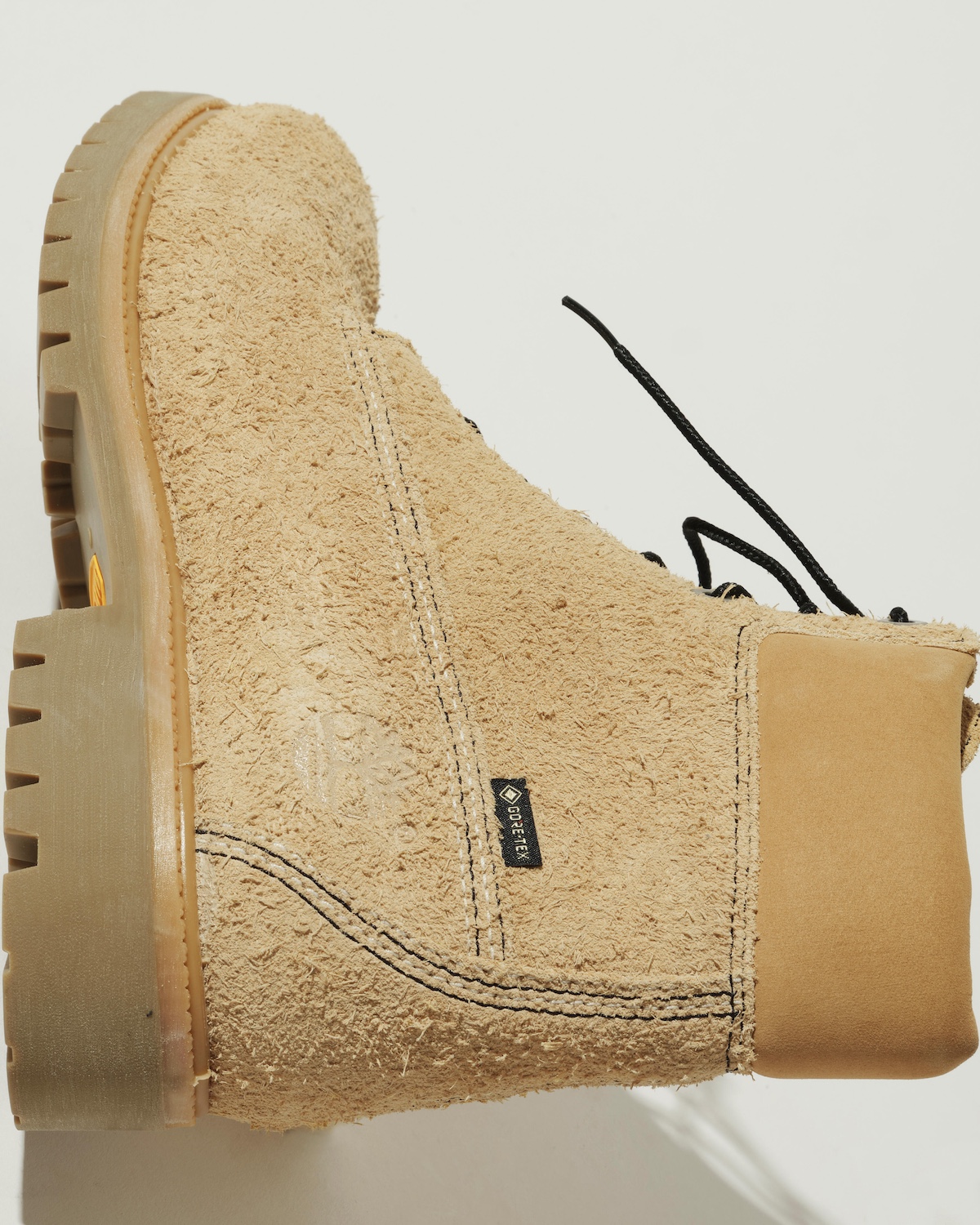 Close-up of Timberland x nonnative 6-Inch Boot highlighting the textured hairy suede and lace-up detailing