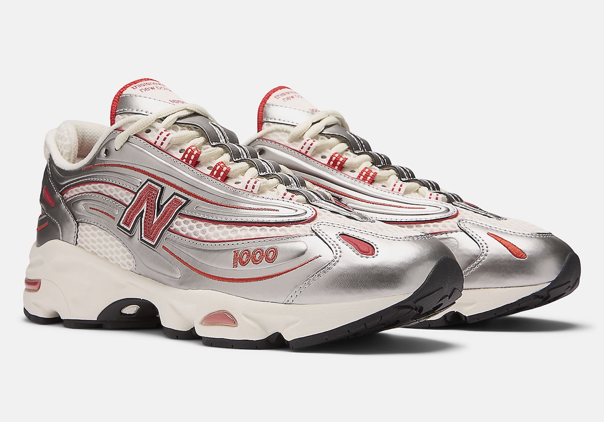thisisneverthat x New Balance 1000 M1000TI sneaker featuring a metallic silver upper with red and white accents, retro-inspired design, and ABZORB cushioning.