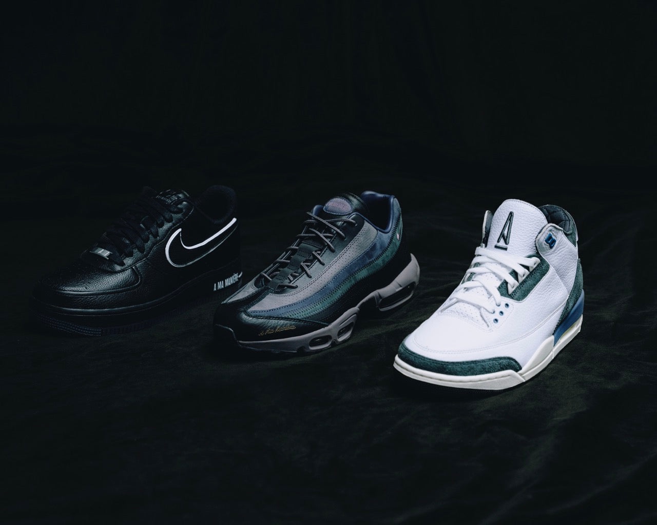 A Ma Maniere For The Love Collection 2025 showcasing Air Jordan 3, Air Max 95, and Air Force 1. 