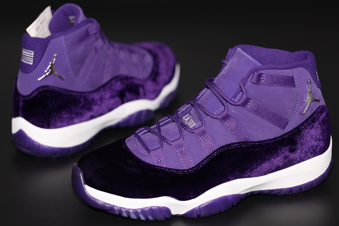 Alternate lighting of the Air Jordan 11 Purple Rain for Prince, highlighting its premium materials.