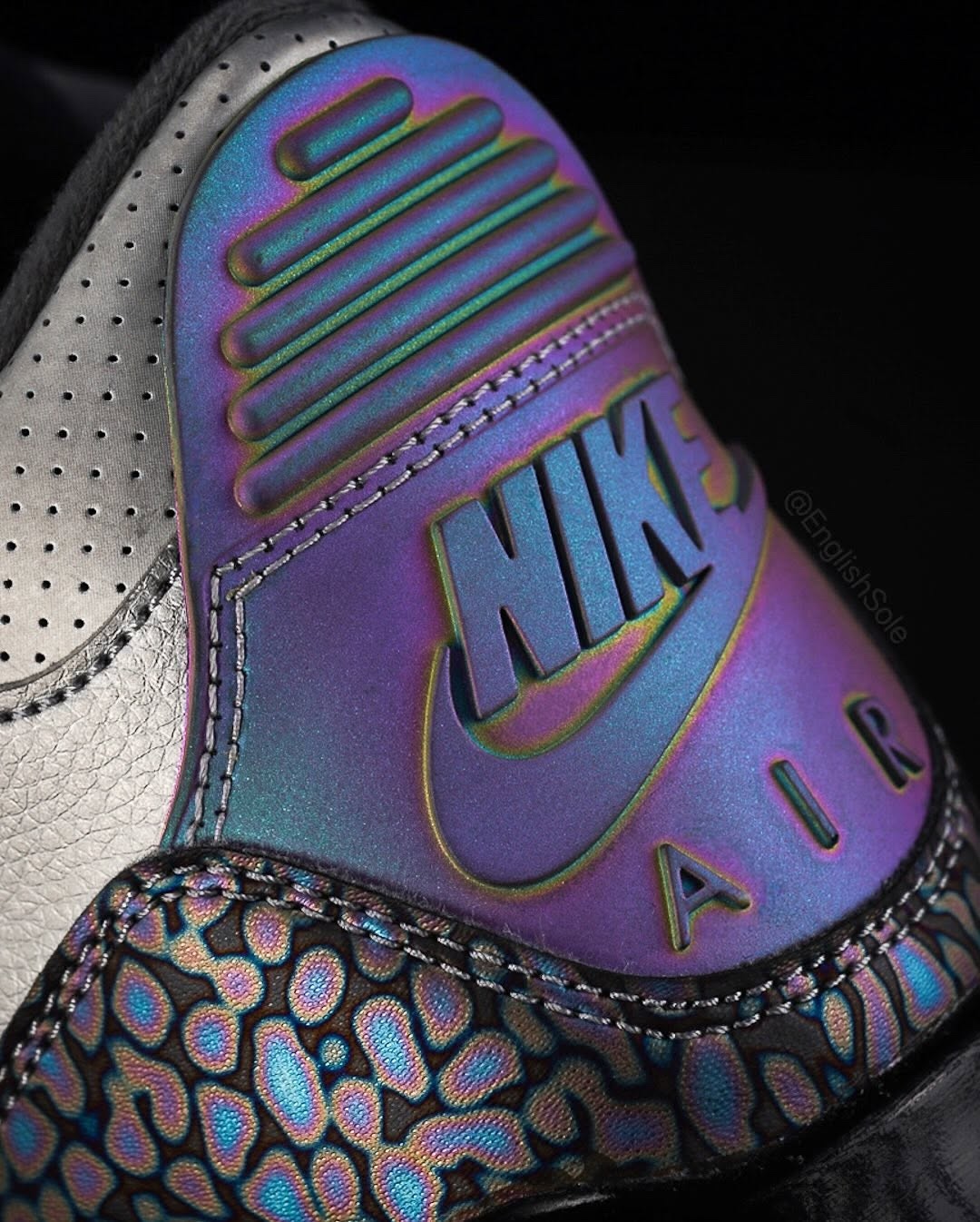 Detailed look at the iridescent elephant print on the Air Jordan 3 RTNA