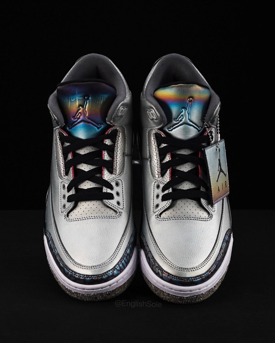 Front view of the Air Jordan 3 RTNA with holographic tongue