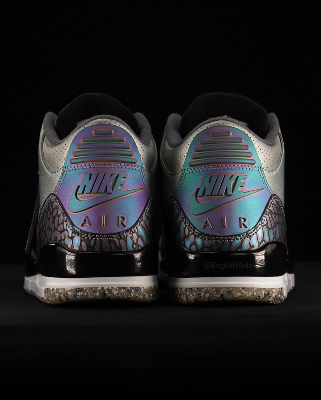 Rear view showing gradient Nike Air branding on the Air Jordan 3 RTNA