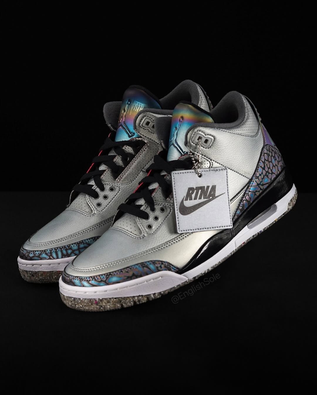 Close-up of the iridescent Air Jordan 3 RTNA sneakers