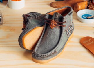 Close-up of the Bodega x Clarks Patchwork Wallabee 3.0 featuring tweed and leather paneling.