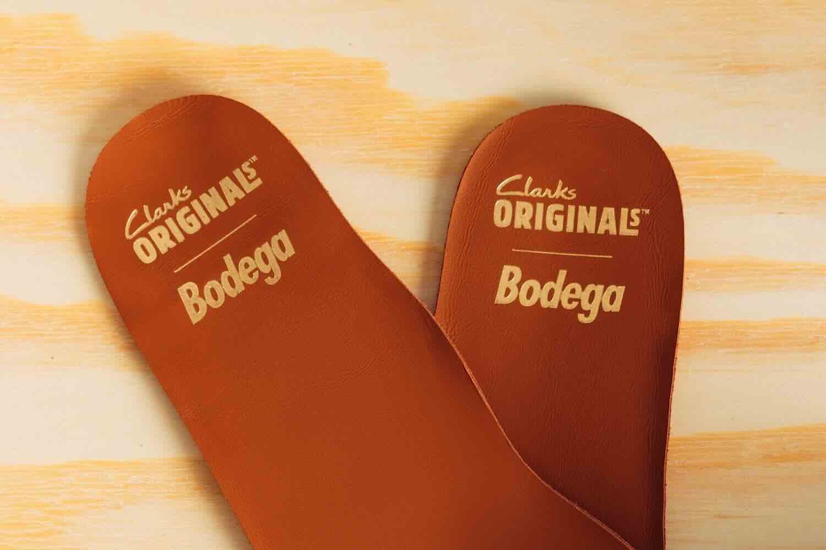 Clarks Originals x Bodega branded insoles with a tan leather finish.