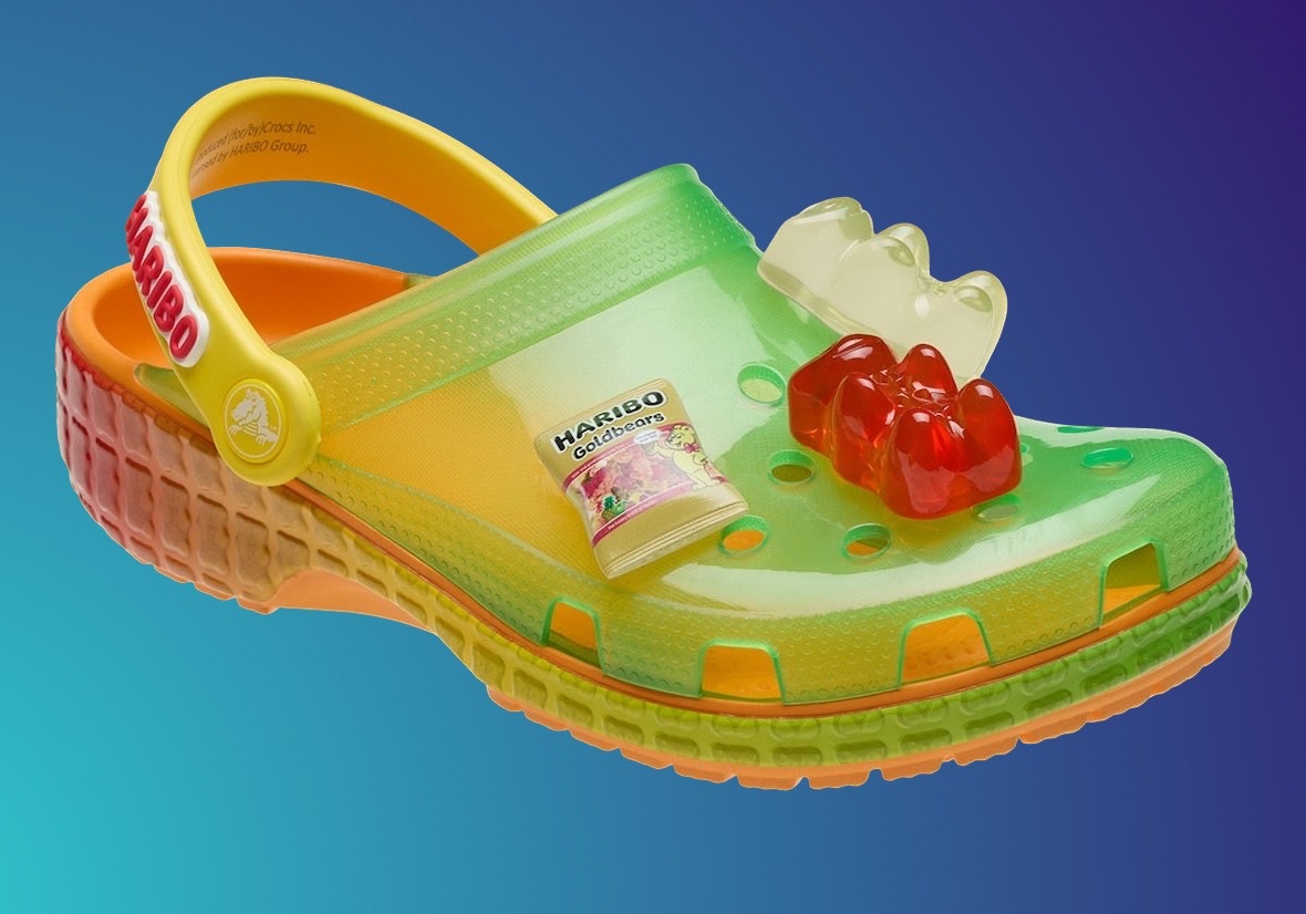 Close-up of the Haribo x Crocs Classic Clog, highlighting red and white gummy bear charms and Goldbears branding.