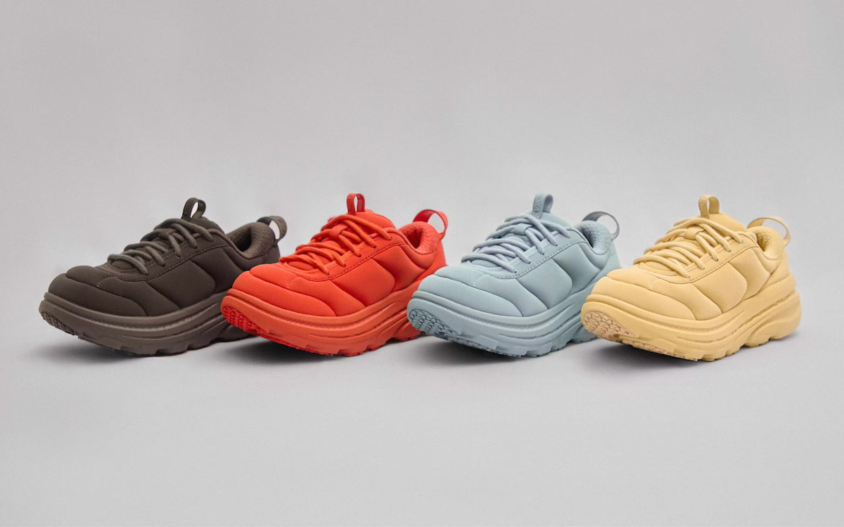 Four colorways of the Marni x HOKA Bondi B3LS sneaker displayed in a lineup