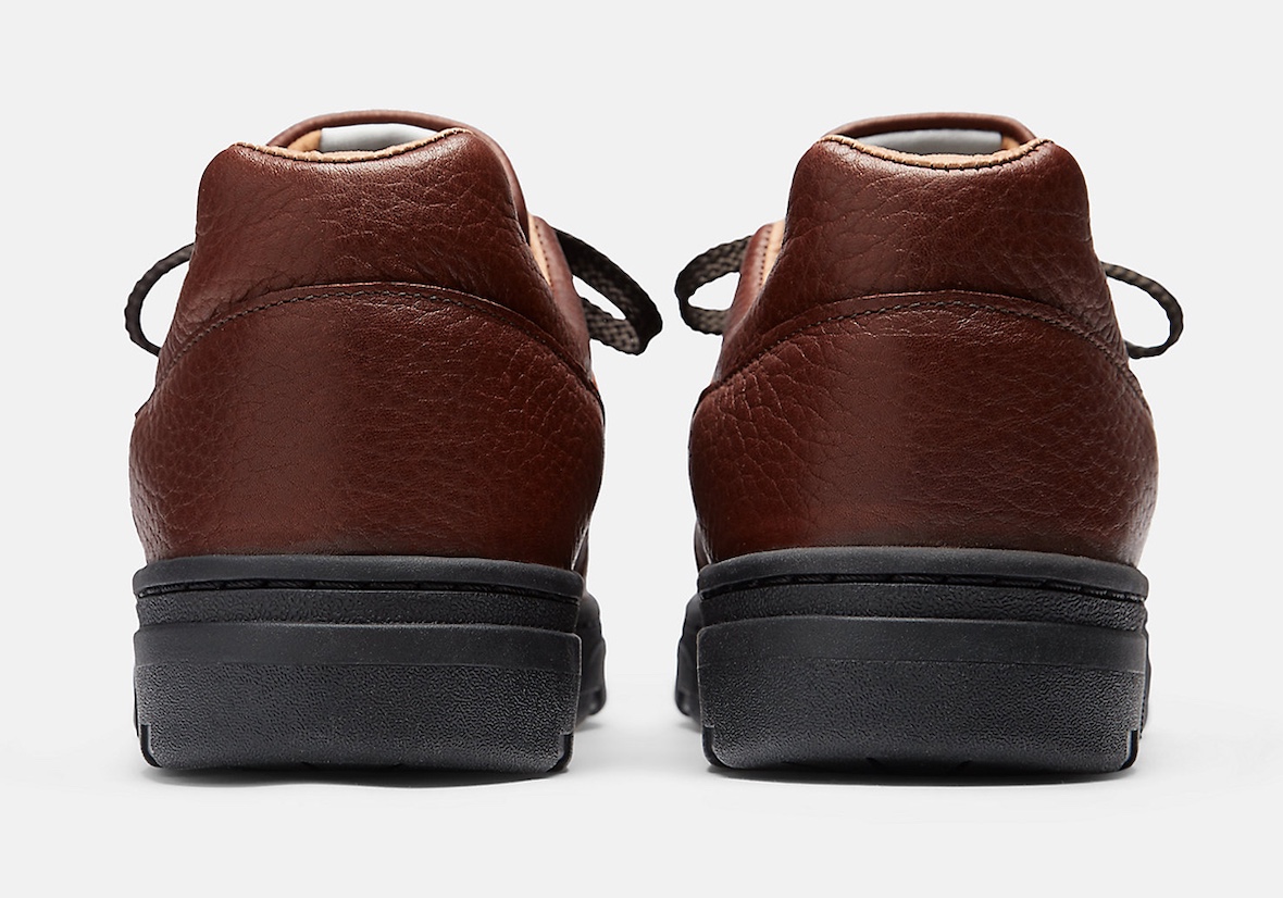 Heel view of the New Balance Allerdale Dark Brown showing premium stitching