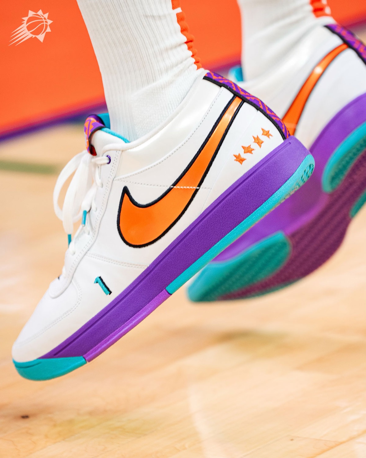 Side profile of Devin Booker's Nike Book 1 "1995 All-Star" PE in white.