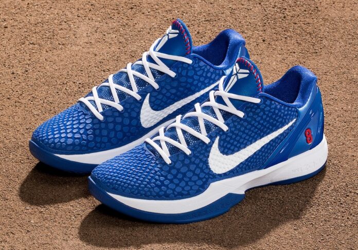 Close-up of Nike Kobe 6 Protro "Dodgers" sneaker in blue snakeskin upper.