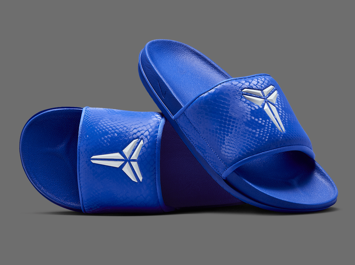 Nike Kobe Offcourt Slide ‘Hyper Royal’ featuring a textured blue upper and white Kobe logo.