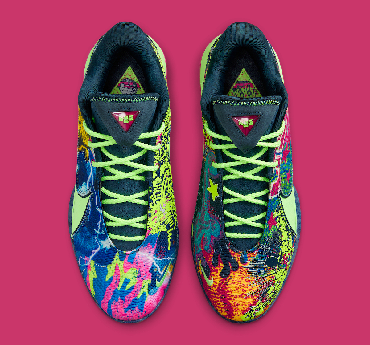 Top-down view of Nike LeBron 22 "Bryce’s World" highlighting bright neon green laces, dark tongue with LeBron logo, and colorful graffiti upper.