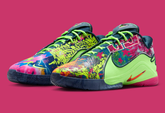 Nike LeBron 22 "Bryce’s World" basketball shoes featuring vibrant graffiti graphics with neon green and pink accents, side view.