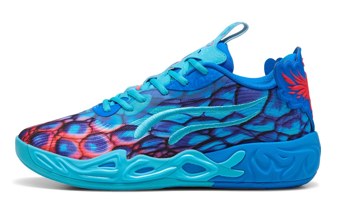 PUMA MB.04 Low in blue and red featuring bubble-patterned graphics