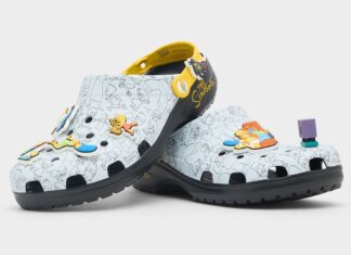 The Simpsons x Crocs Classic Clog featuring doodle designs and colorful Jibbitz charms