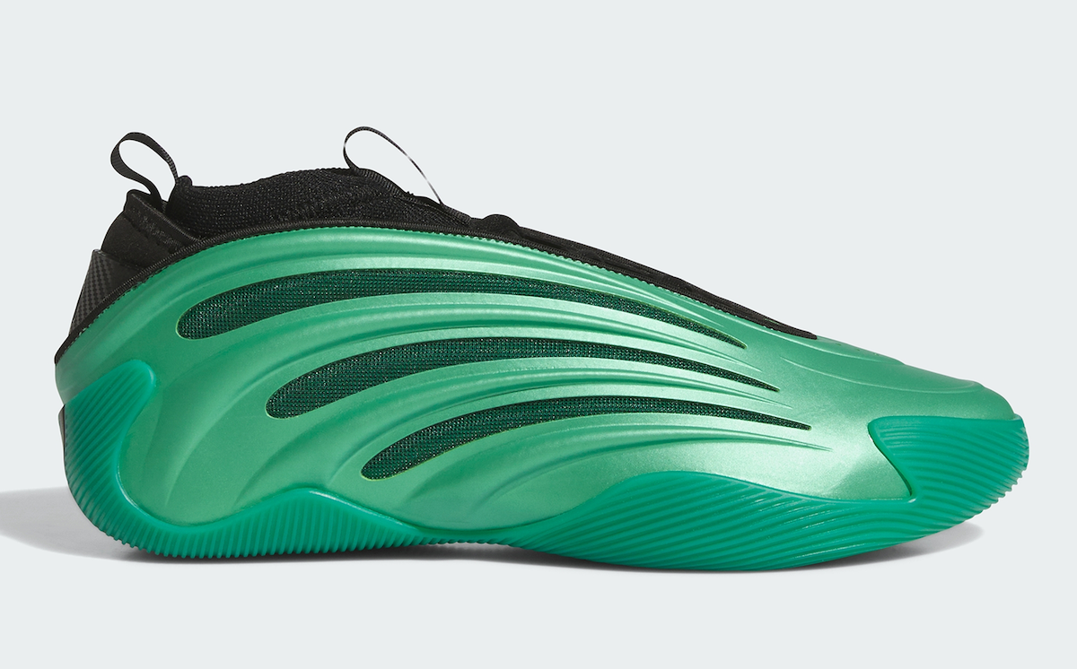 Side profile of the adidas Harden Vol. 9 “Metamorphosis” showcasing the sculpted green shell and breathable mesh cutouts.