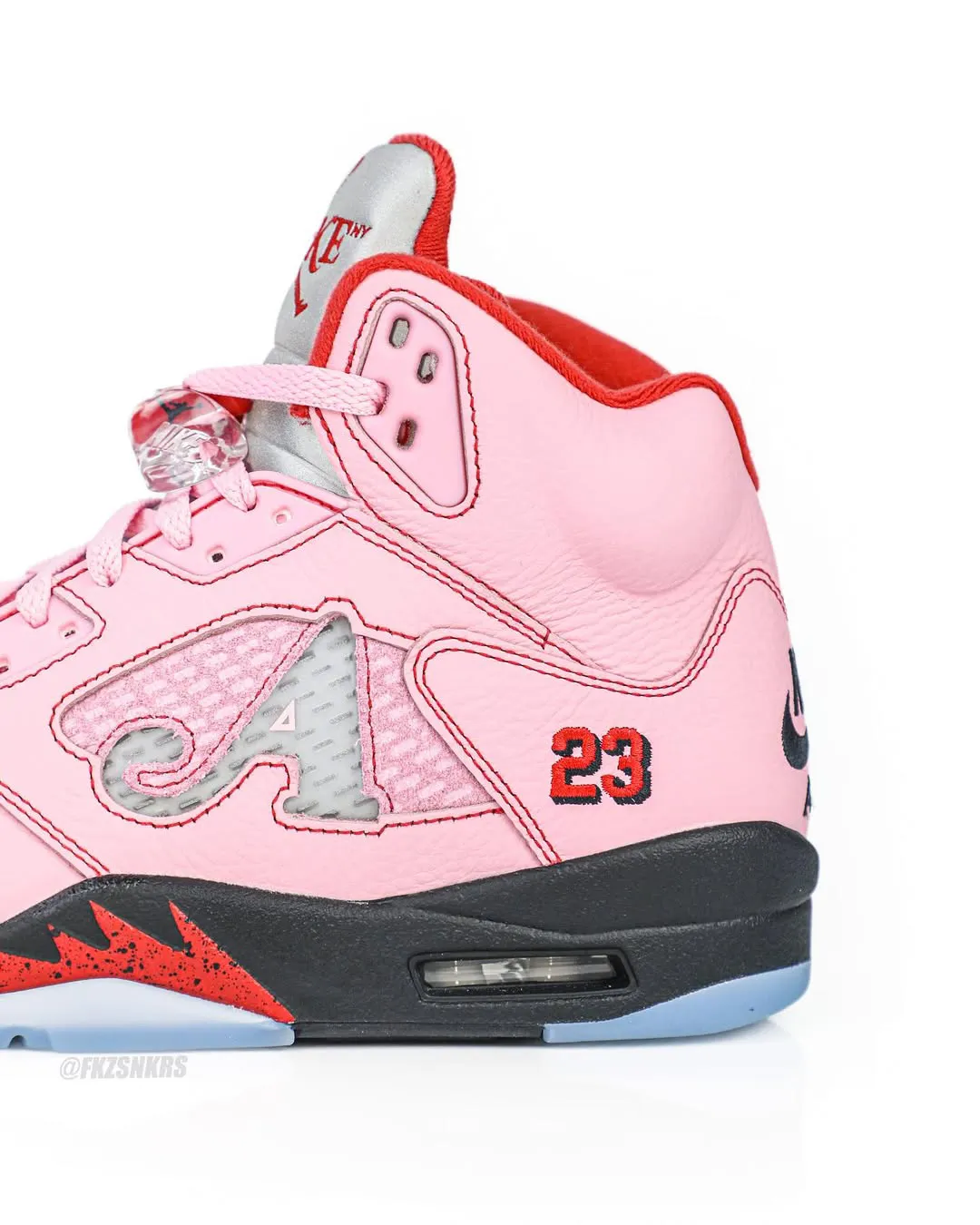Awake NY Air Jordan 5 in Pink with Red 23 embroidery and A on the lateral side