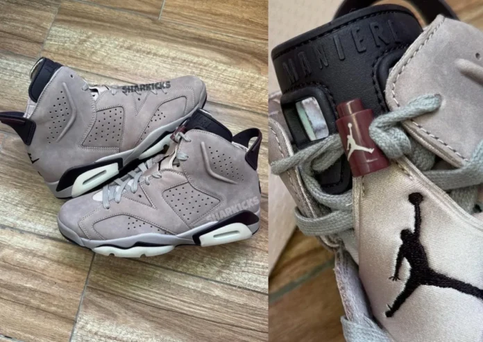 A Ma Maniére x Air Jordan 6 in muted suede with premium accents, releasing Holiday 2025.