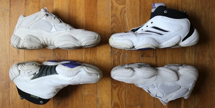 Side-by-side comparison of the adidas KB8 III and adidas Yeezy 500, highlighting the shared outsole design lineage.