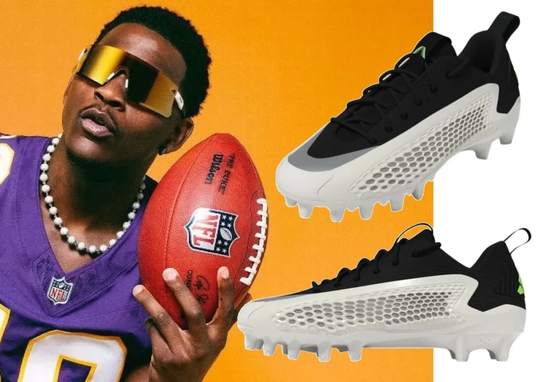 Anthony Edwards holding NFL football with adidas AE 1 Low Football Cleats in Black and White colorway