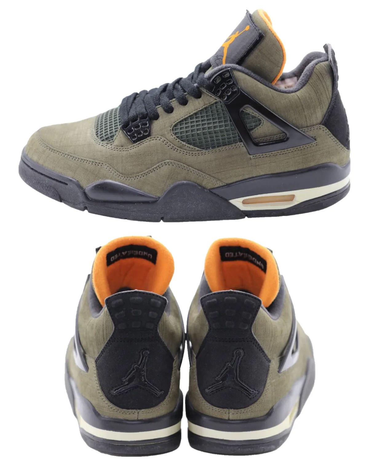 Air Jordan 4 x Undefeated Ballistic Looksee Sample from 2005 in olive green with black and orange accents