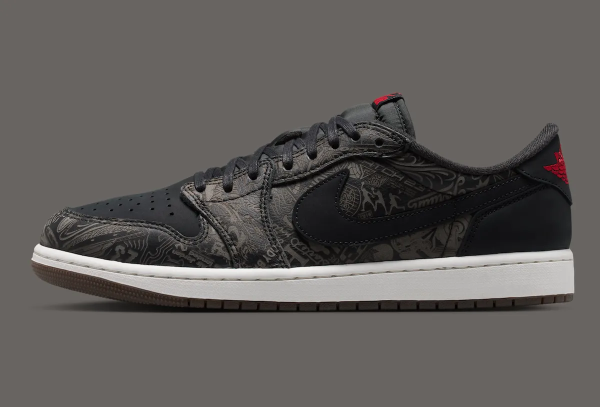 Air Jordan 1 Low OG Laser in black leather with laser-etched graphics and Fire Red accents, shown from multiple angles - detail view 3