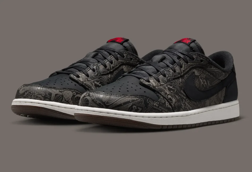 Air Jordan 1 Low OG Laser in black leather with laser-etched graphics and Fire Red accents, shown from multiple angles - detail view 1