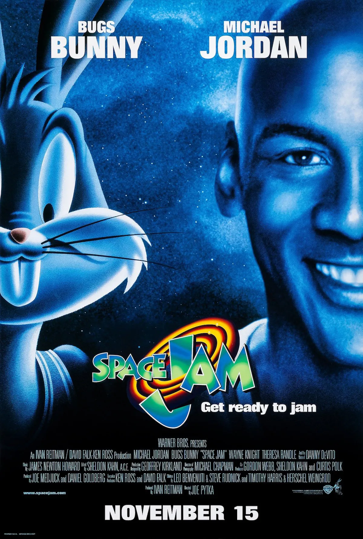 Space Jam movie poster with Bugs Bunny and Michael Jordan against a blue galaxy background with the Space Jam logo.