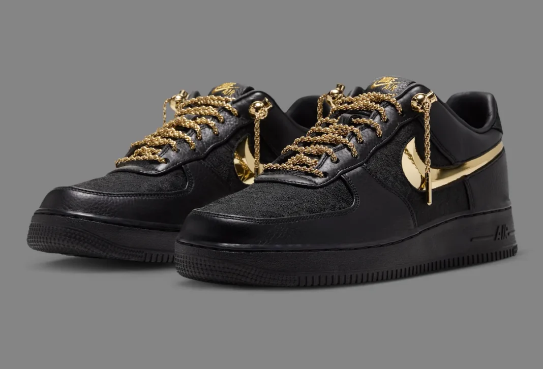 Victor Solomon x Nike Air Force 1 Low Trophies Black with metallic gold Swoosh and chain-style laces - detail view 1