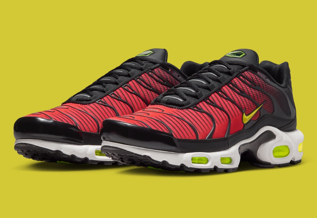Nike Air Max Plus “Black/Light Crimson” Pops With Neon Air Units