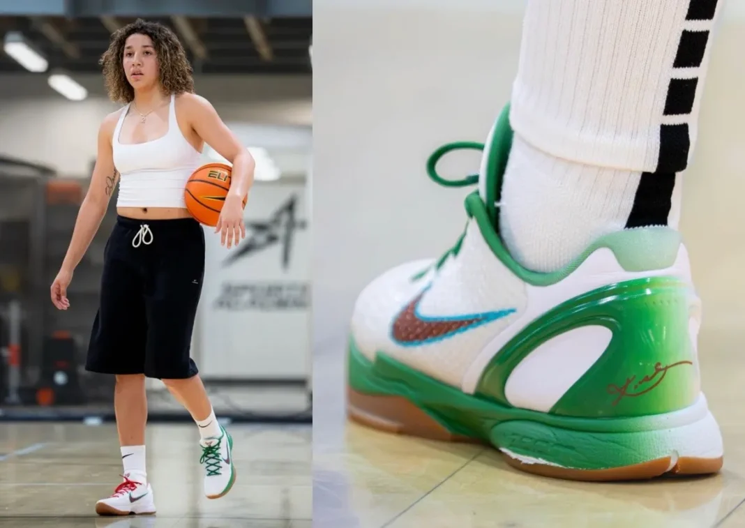 Aaliyah Chavez wearing exclusive Nike Kobe 6 Protro Mexico PE with red, white, and green gradient colorway during preseason warm-ups - detail view 1