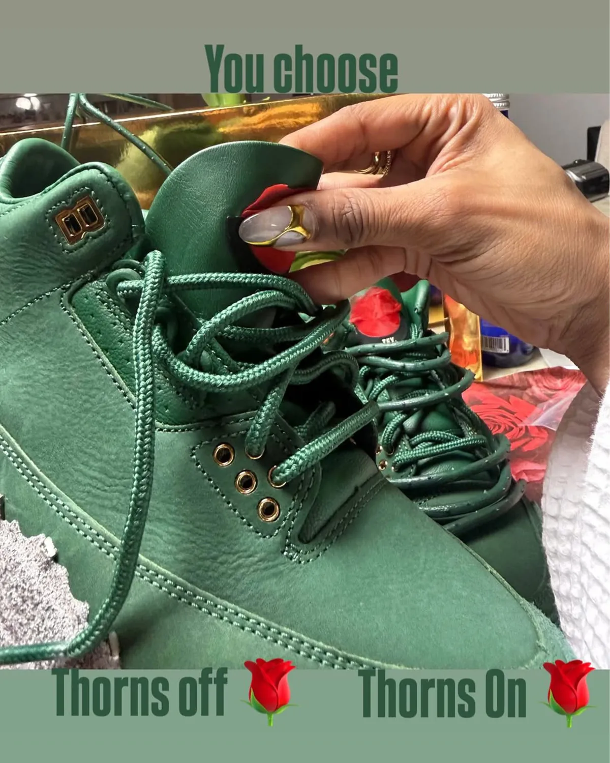 Teyana Taylor x Air Jordan 3 Concrete Rose showing removable rose thorn detail being clipped off