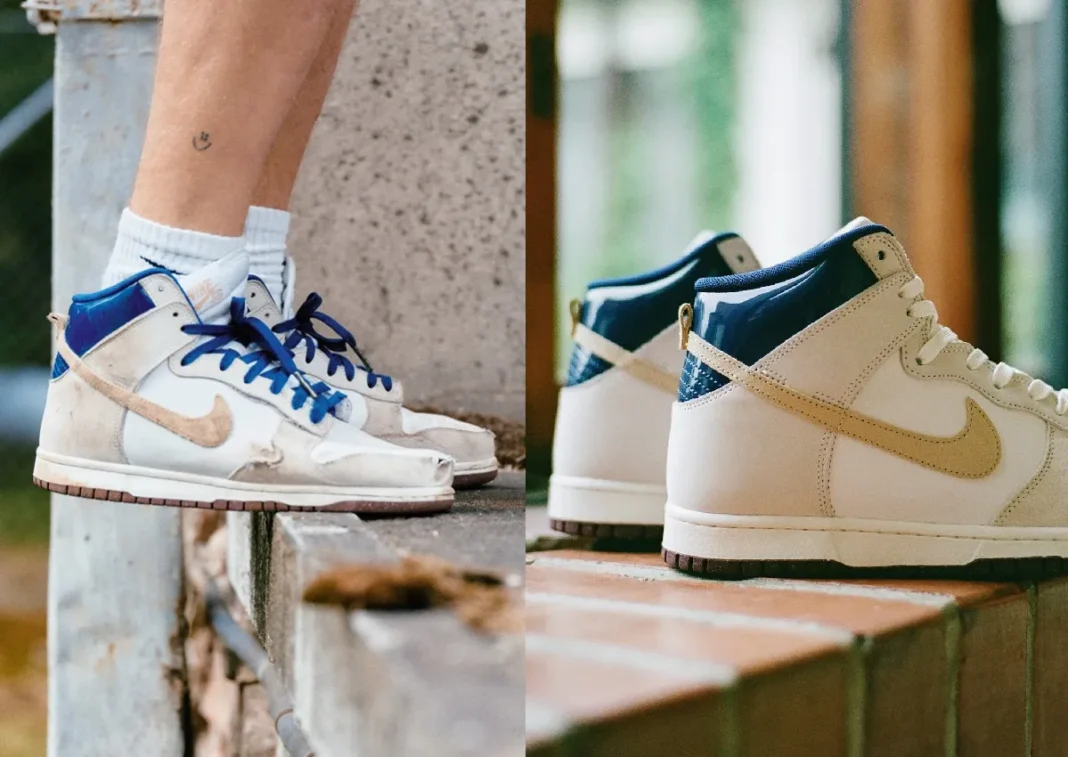 Beyond Store x Nike SB Dunk High Dunk in white leather with tan and blue accents, inspired by Finnish architect Alvar Aalto - detail view 1