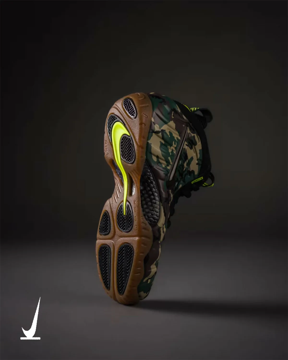 Nike Air Foamposite Pro Green Camo in forest green, beige, brown and black camouflage with black nubuck overlays and volt swoosh accents - detail view 3