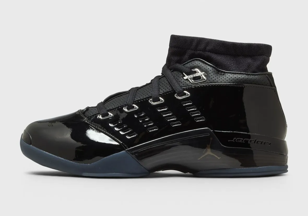 Air Jordan 17 Low Black Patent with glossy patent leather upper and metallic silver eyestays - detail view 3