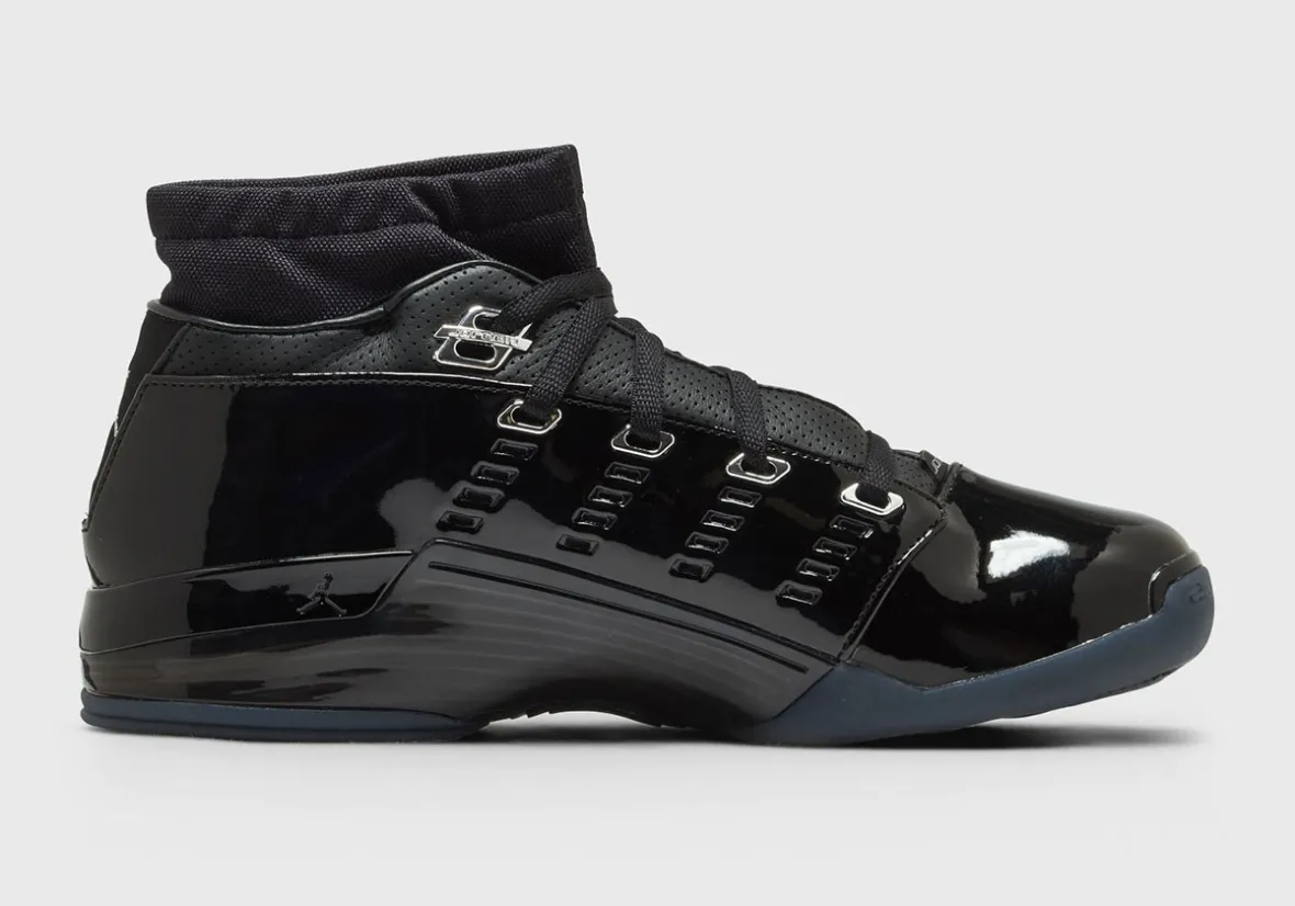 Air Jordan 17 Low Black Patent with glossy patent leather upper and metallic silver eyestays - detail view 4