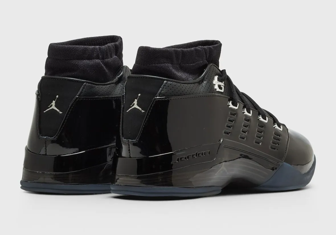 Air Jordan 17 Low Black Patent with glossy patent leather upper and metallic silver eyestays - detail view 5