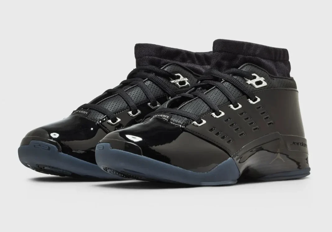 Air Jordan 17 Low Black Patent with glossy patent leather upper and metallic silver eyestays - detail view 1