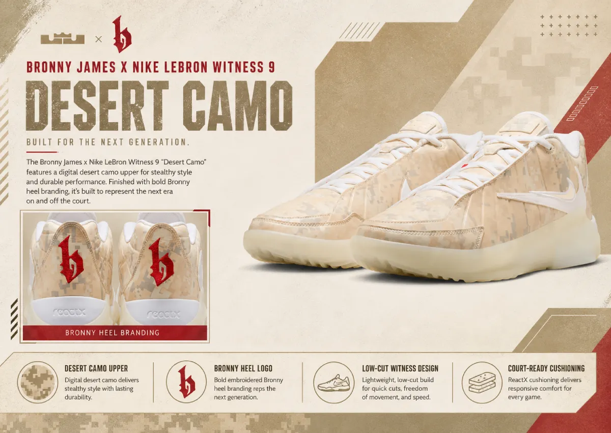 Bronny James’ B9 Logo Hits The Nike LeBron Witness 9 “Desert Camo”