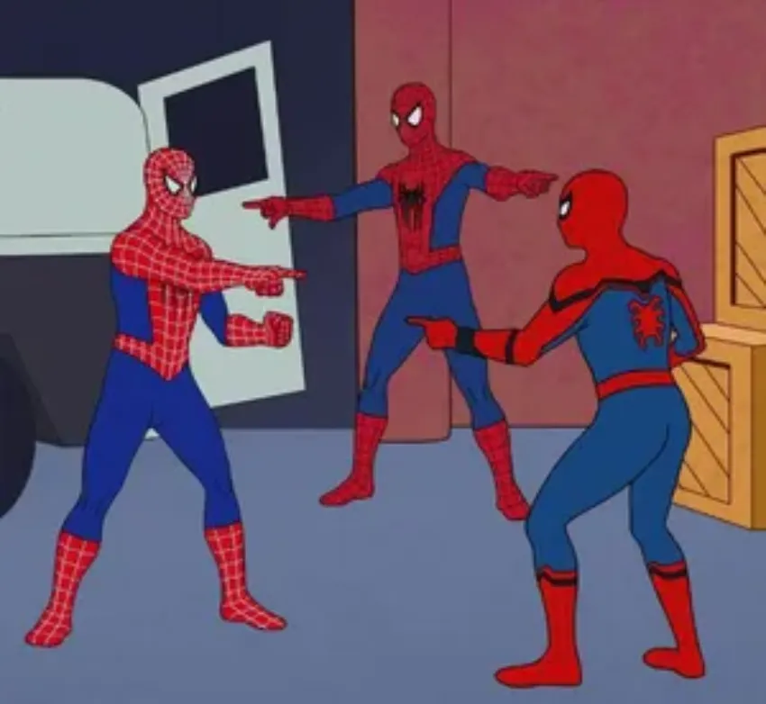 Three Spider-Mans pointing at each other creating the famous Spider-Man meme